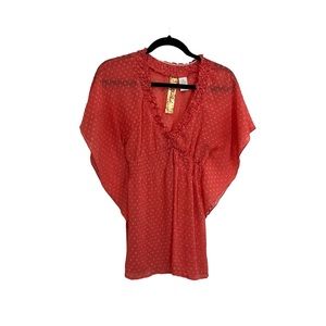 Love to be Spoiled Pink Swiss Dot Cinch Waist V Neck Butterfly Sleeves Top Sz S